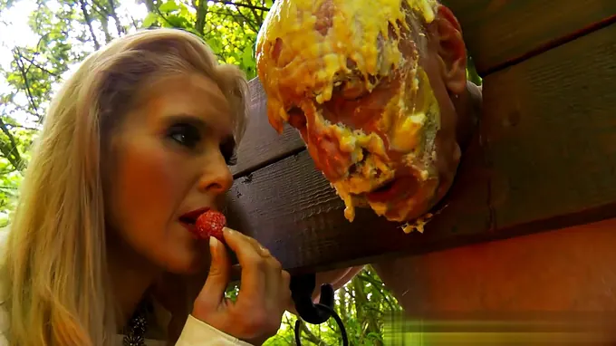 Naked older guy gets sexually abused in the woods and smashed with cake