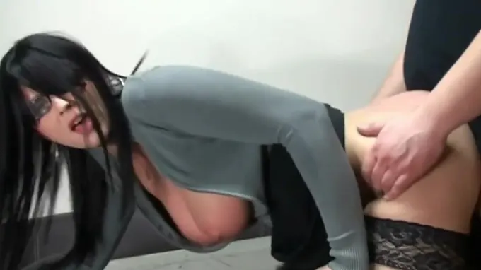 Hot brunette bends over in the office and gets slammed rough swallowing dick