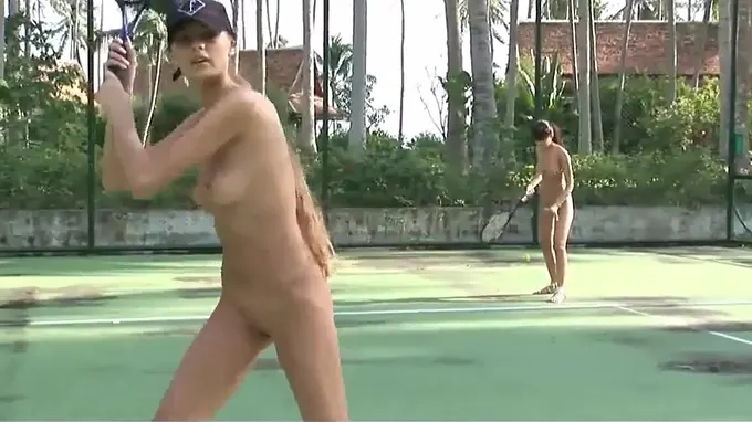 Nude horny babes playing tennis and are flashing their fine small boobs