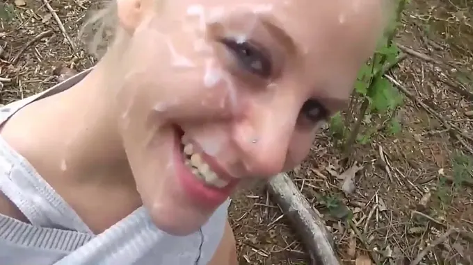 Lucky dude meets a blonde in woods and gets a nice deep blowjob