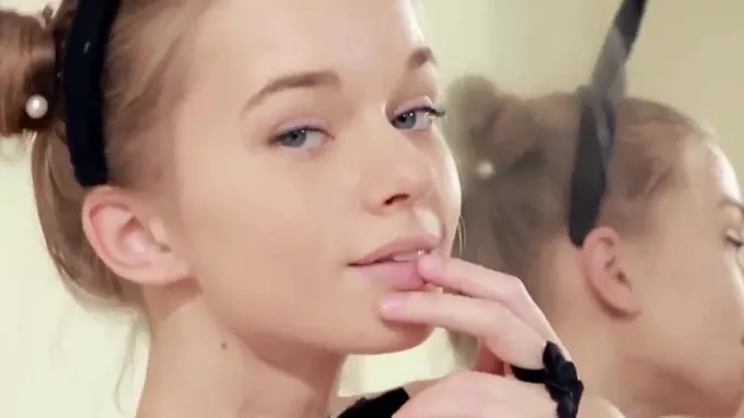 Skinny babe with extremely small boobs touching her fine body