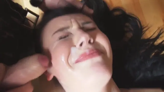 Two horny brunettes getting abused in a dirty gang bang hard core