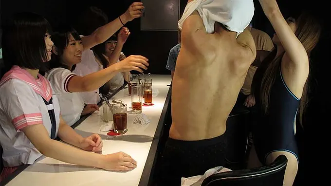 Yuri Sakura's Japanese mates take turns masturbating and deep-throating on rock-hard dicks