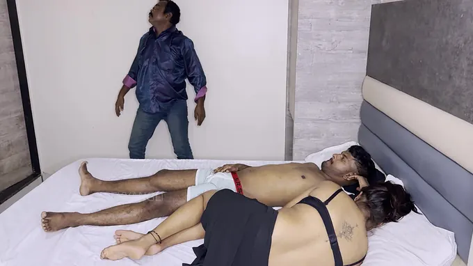 Horny step-mom & daughter-in-law have a wild fuck-fest while husband's snoozing sound