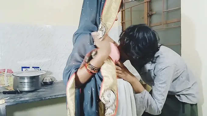 Desi Aunty gets romantic in the kitchen with a stepson's hard cock