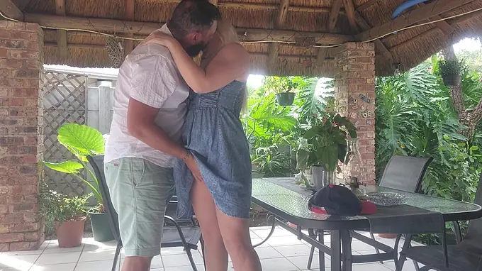 Watch my horny 18yo wife get her pussy creamed on the patio by my neighbor's wifey