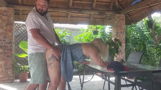 Watch my horny 18yo wife get her pussy creamed on the patio by my neighbor's wifey