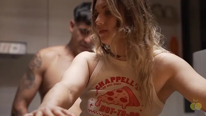 Keila Bassi's hubby fucks delivery boy's big white cock while she cooks in the kitchen