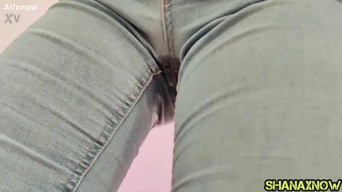 Cute in panties, slim & tight, pissing in blue denim and squirting with dousers