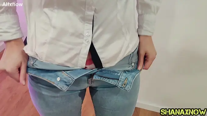 Cute in panties, slim & tight, pissing in blue denim and squirting with dousers