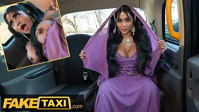 Yasmina Khan, a nurse in a fake taxi, gets her smooth-shaven puss screwed with a large jism-pump